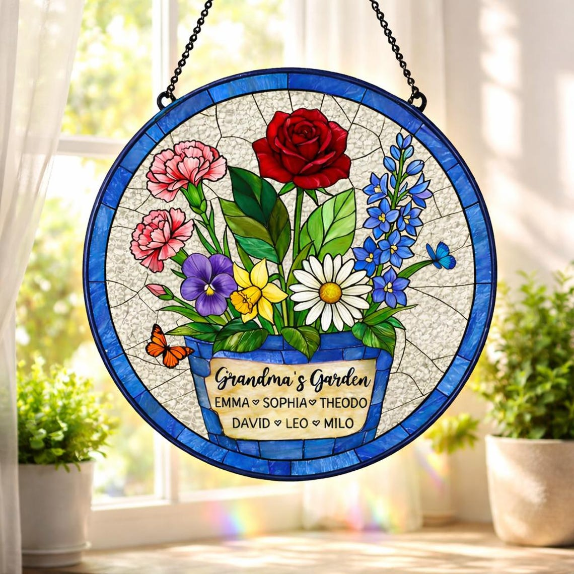 Custom Great Grandma's Garden Suncatcher, Birth Flower Stained Glass Window Decor, Mother's Day Gift, Gift from Grandkids, Grammy Present