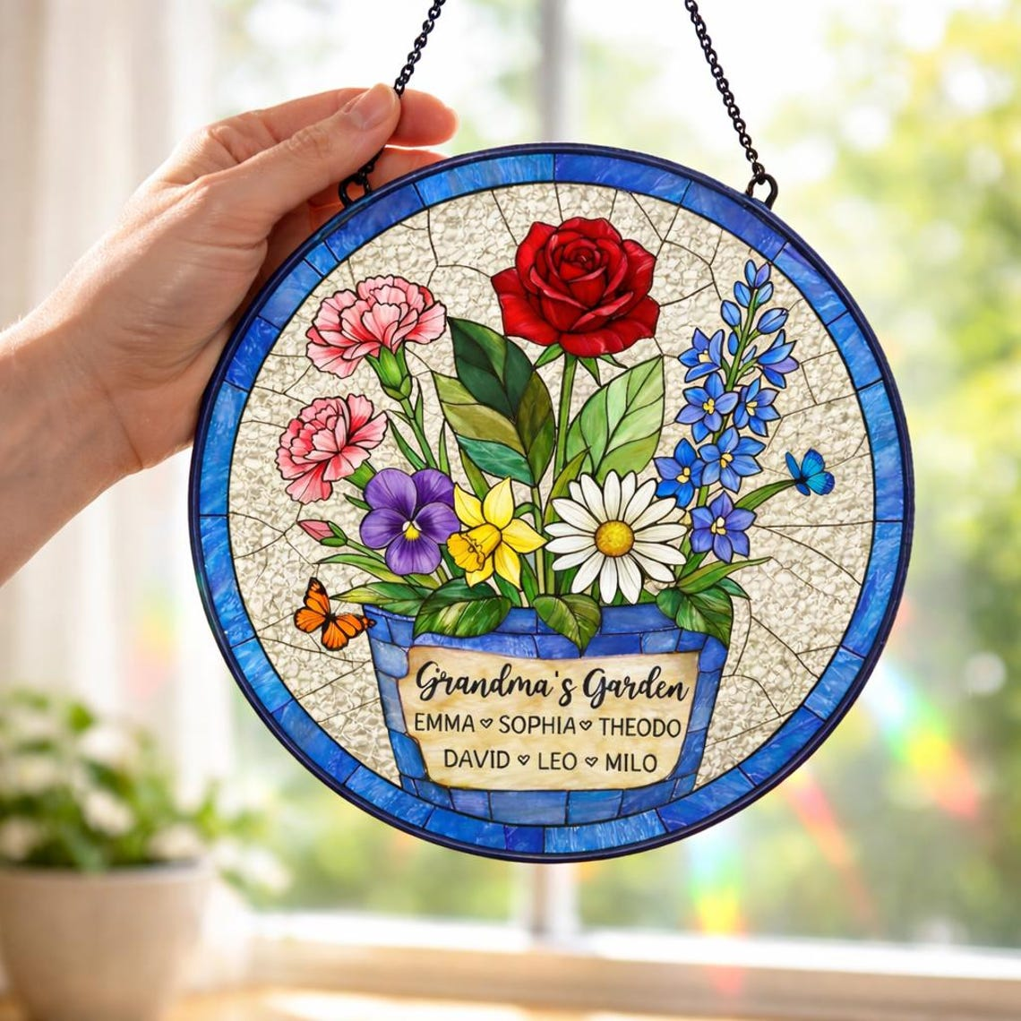 Custom Great Grandma's Garden Suncatcher, Birth Flower Stained Glass Window Decor, Mother's Day Gift, Gift from Grandkids, Grammy Present