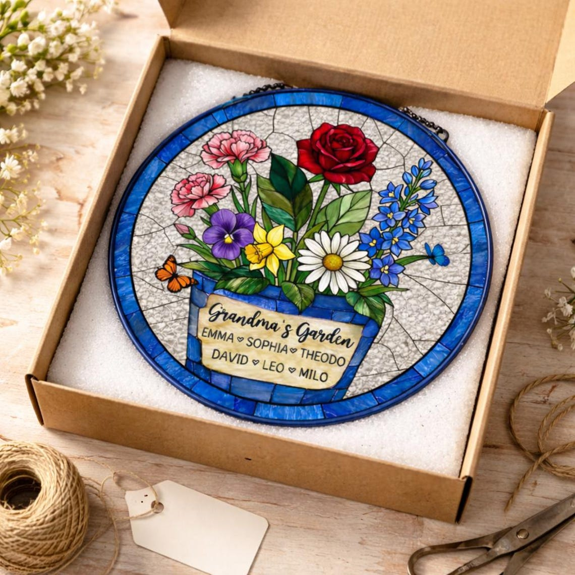 Custom Great Grandma's Garden Suncatcher, Birth Flower Stained Glass Window Decor, Mother's Day Gift, Gift from Grandkids, Grammy Present