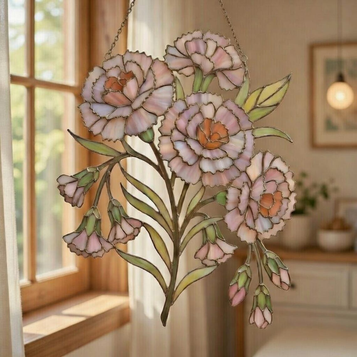 Carnation Acrylic Suncatcher, Pink Floral Window Hanging Decor, Elegant Flower Bouquet, Mother's Day or Spring Gift