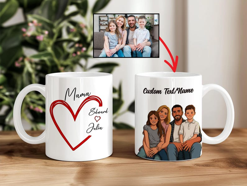 Custom Cartoon Heart Mug, Caricature Mug, Gift For Mom, Mother's Day Gift, Gift For Grandma