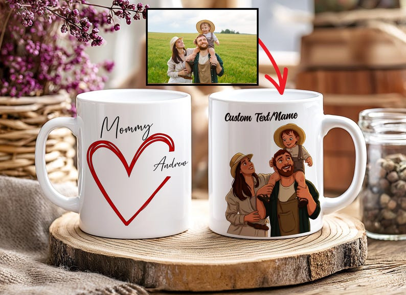 Custom Cartoon Heart Mug, Caricature Mug, Gift For Mom, Mother's Day Gift, Gift For Grandma