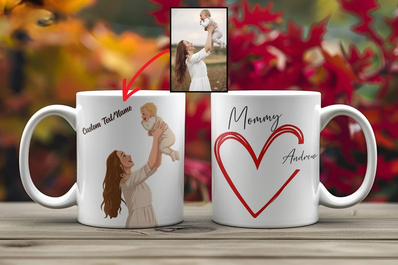 Custom Cartoon Heart Mug, Caricature Mug, Gift For Mom, Mother's Day Gift, Gift For Grandma