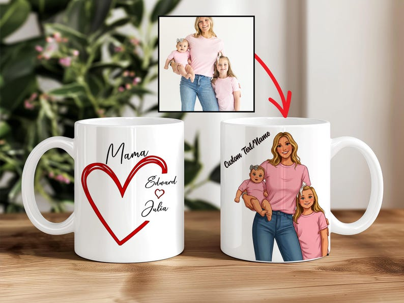 Custom Cartoon Heart Mug, Caricature Mug, Gift For Mom, Mother's Day Gift, Gift For Grandma