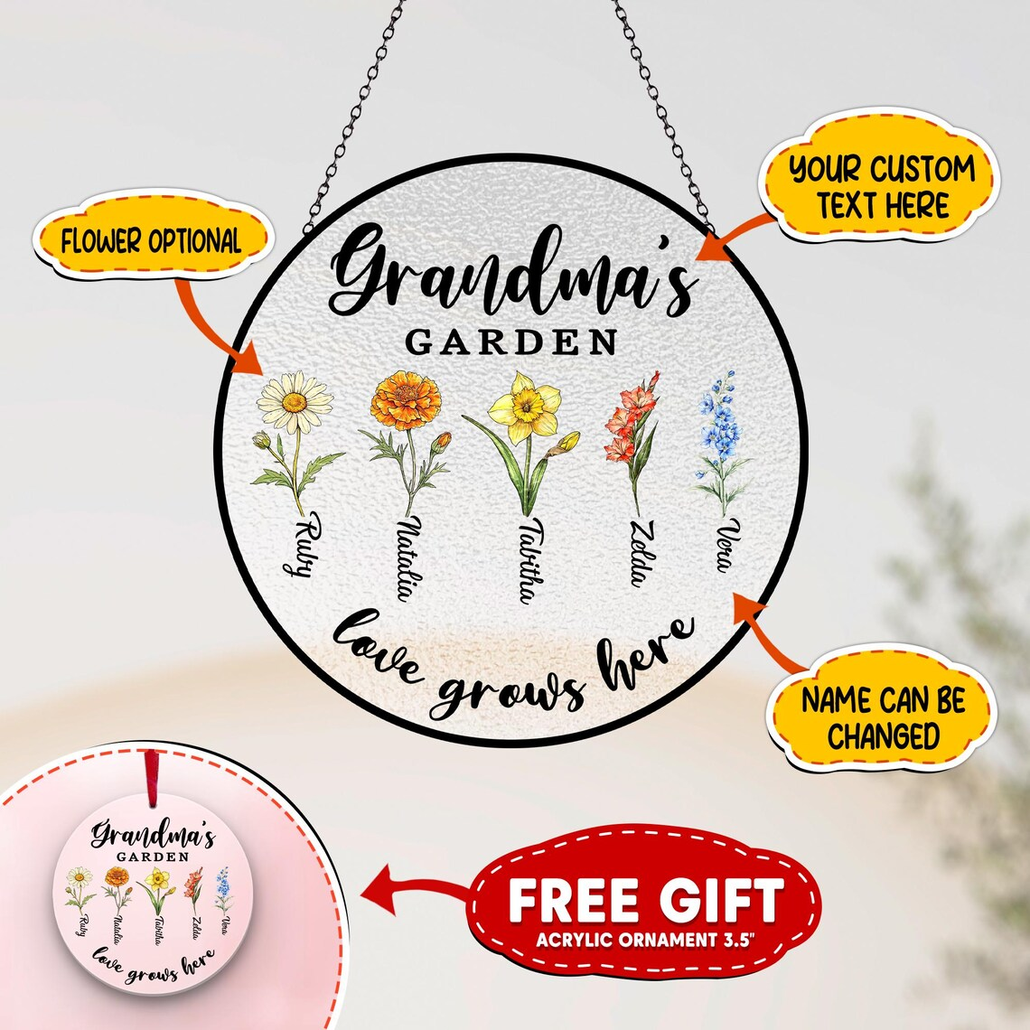 Personalized Birth Month Flower Suncatcher, Grandma's Garden, Mother's Day Gift