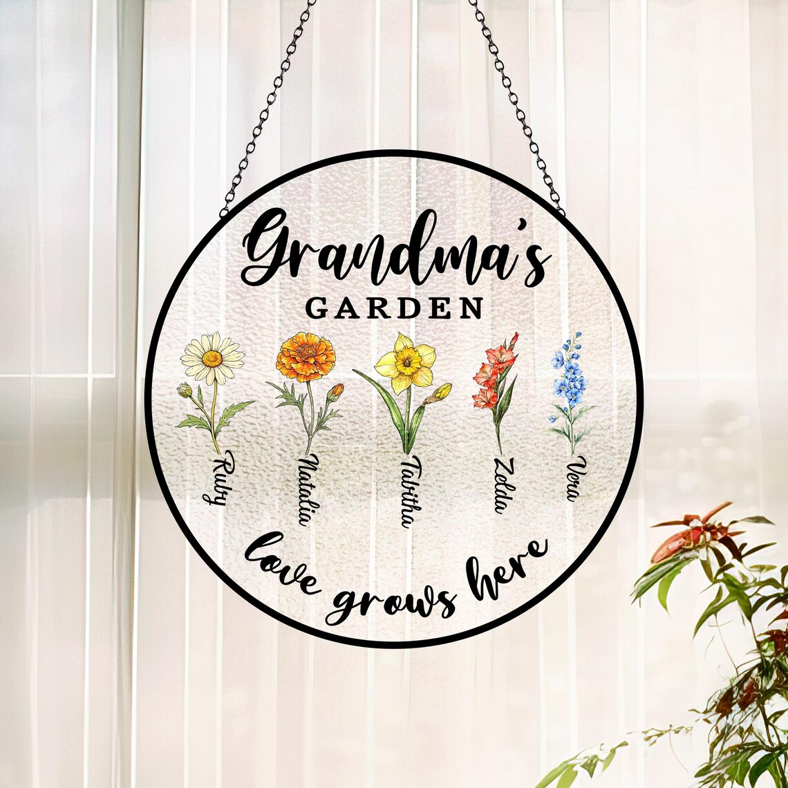 Personalized Birth Month Flower Suncatcher, Grandma's Garden, Mother's Day Gift