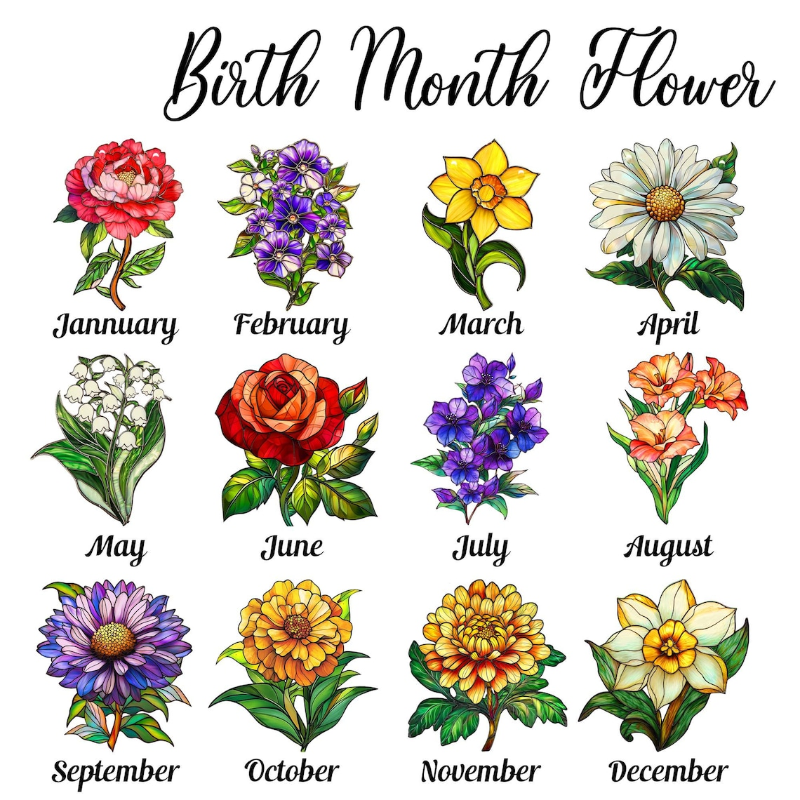 Custom Family Birth Flowers Suncatcher, Personalized Mom’s Garden Gift, Stained Glass Art for Grandma’s Garden, Mothers Day Gift, Flower Art