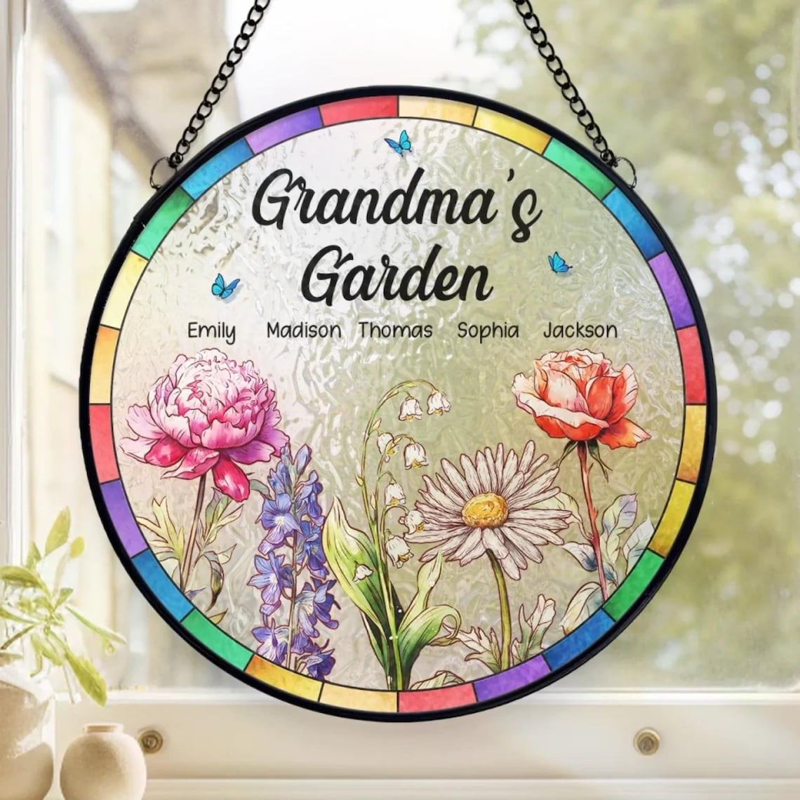 Personalized A Grandma’s Garden Is Where Love Grows Stained Glass Window Hanging Suncatcher, Mother's Day, Gift For Mom, Grandma