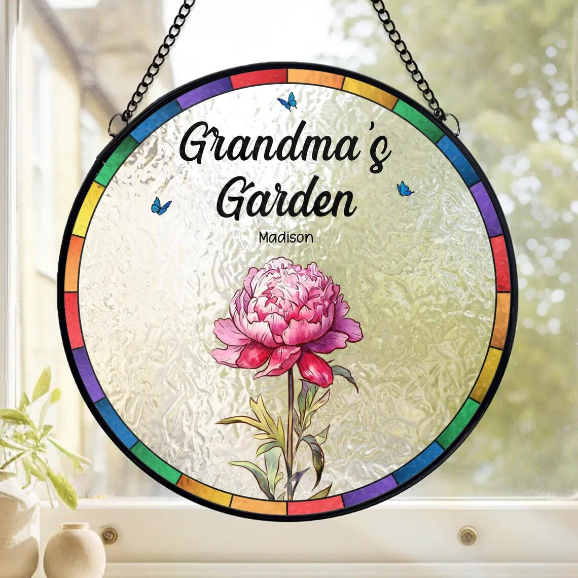 Personalized A Grandma’s Garden Is Where Love Grows Stained Glass Window Hanging Suncatcher, Mother's Day, Gift For Mom, Grandma