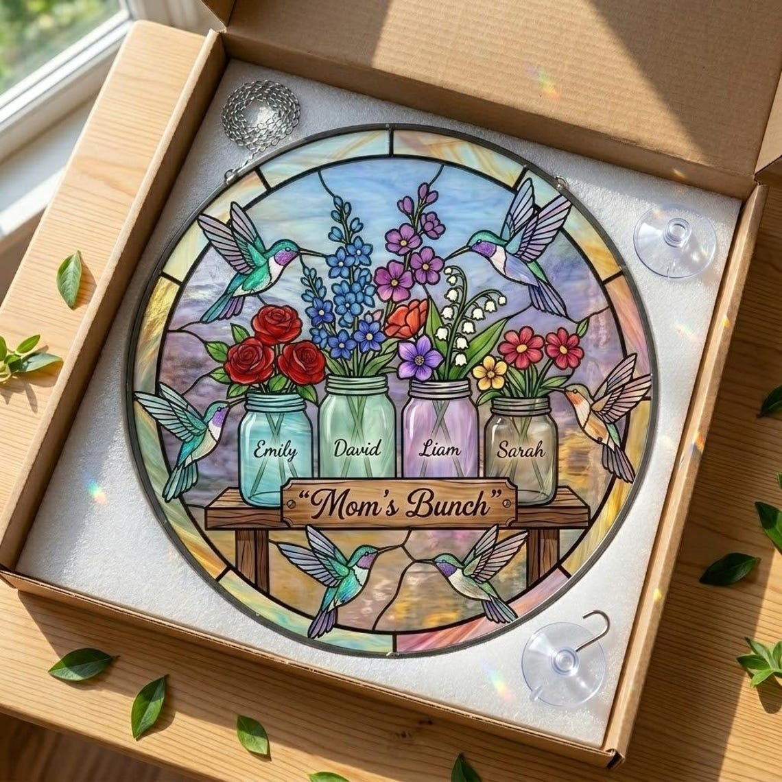 Personalized Mother's Day Suncatcher, Custom Birth Flower Mason Jar, Mom's Bunch Gift Window Hanging, Nana's Blessings Acrylic Decor