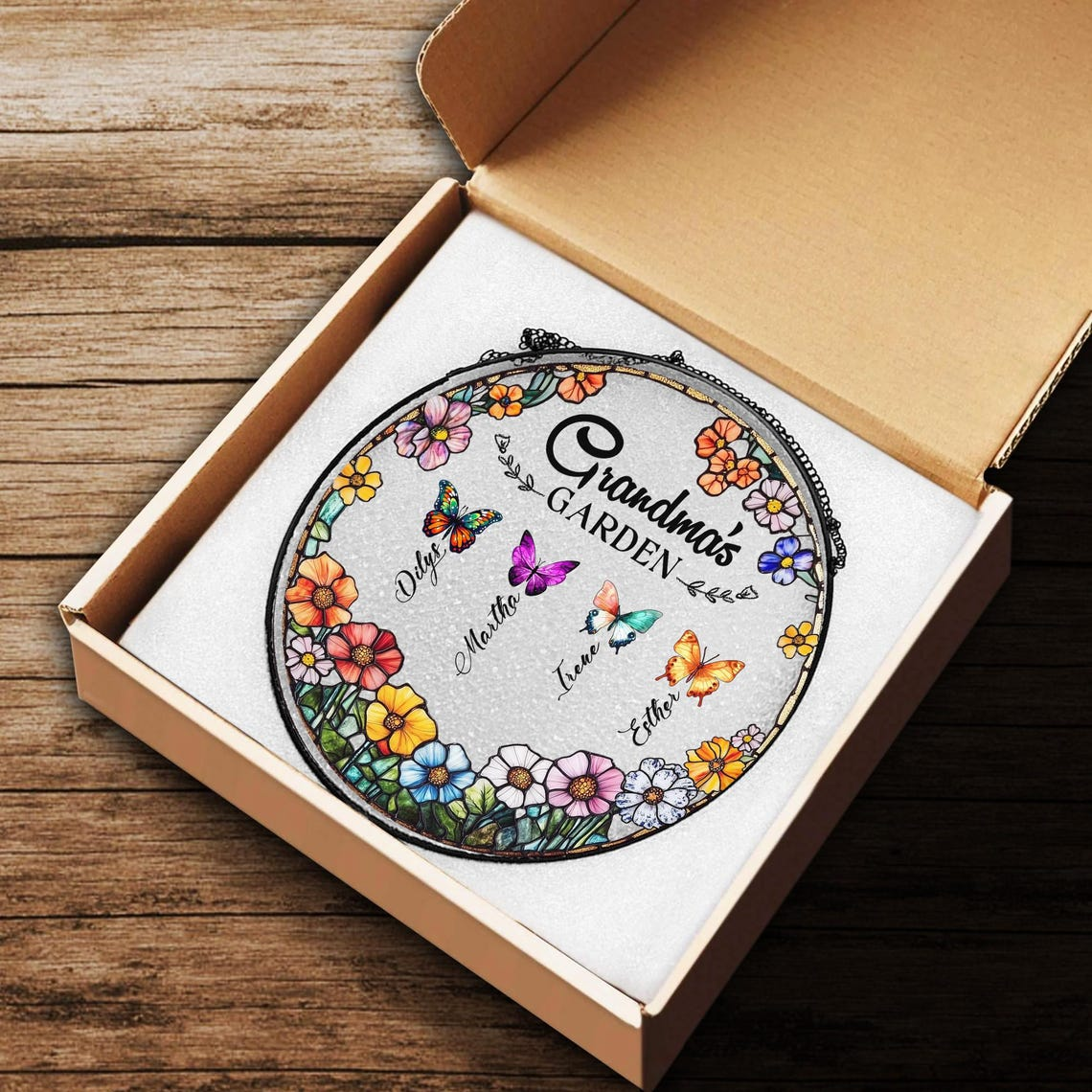 Grandma's Garden Butterfly Suncatcher, Custom Birth Month Butterfly Glass Art, Mother's Day Gift, Nana Birthday Gift, Nana’s Blessings