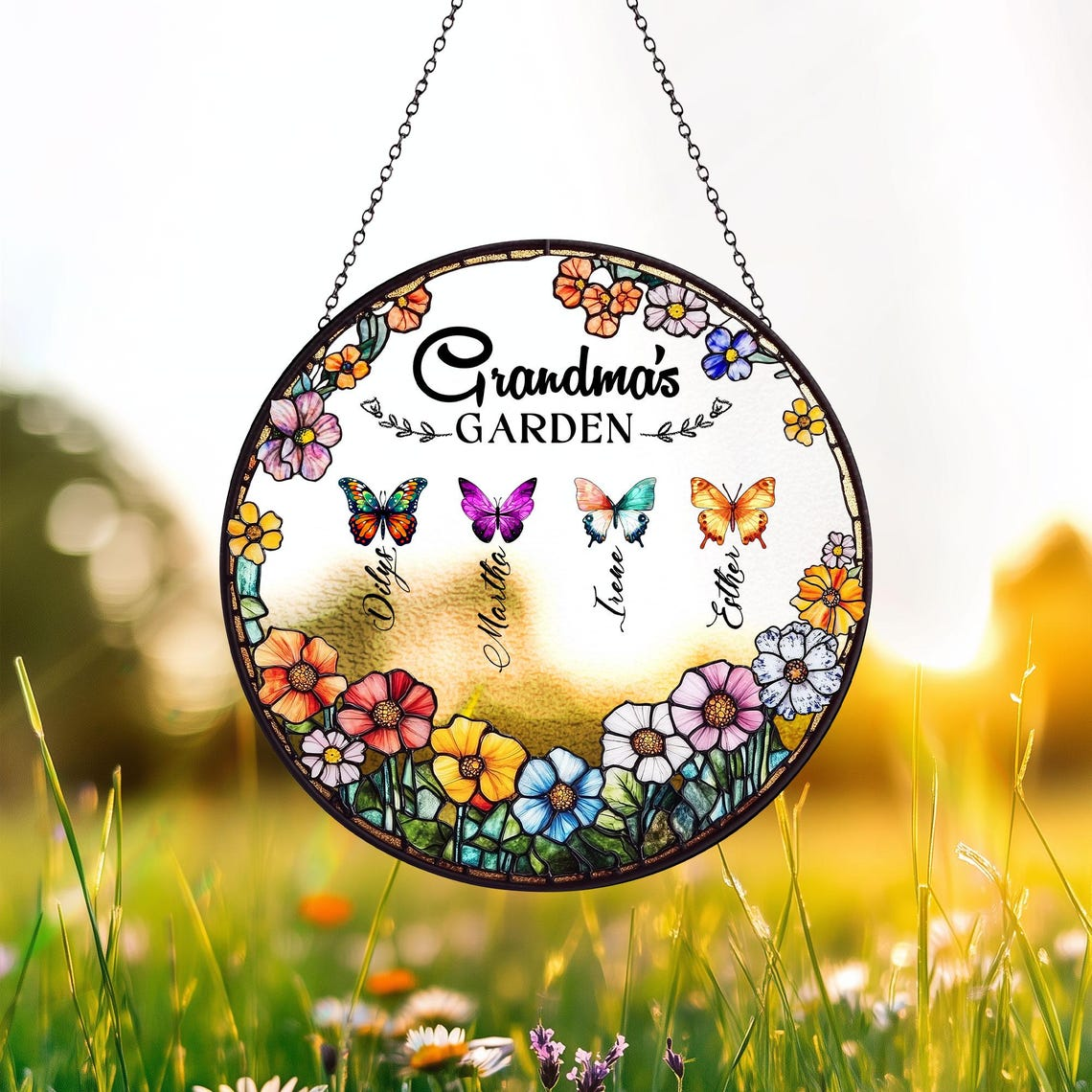 Grandma's Garden Butterfly Suncatcher, Custom Birth Month Butterfly Glass Art, Mother's Day Gift, Nana Birthday Gift, Nana’s Blessings