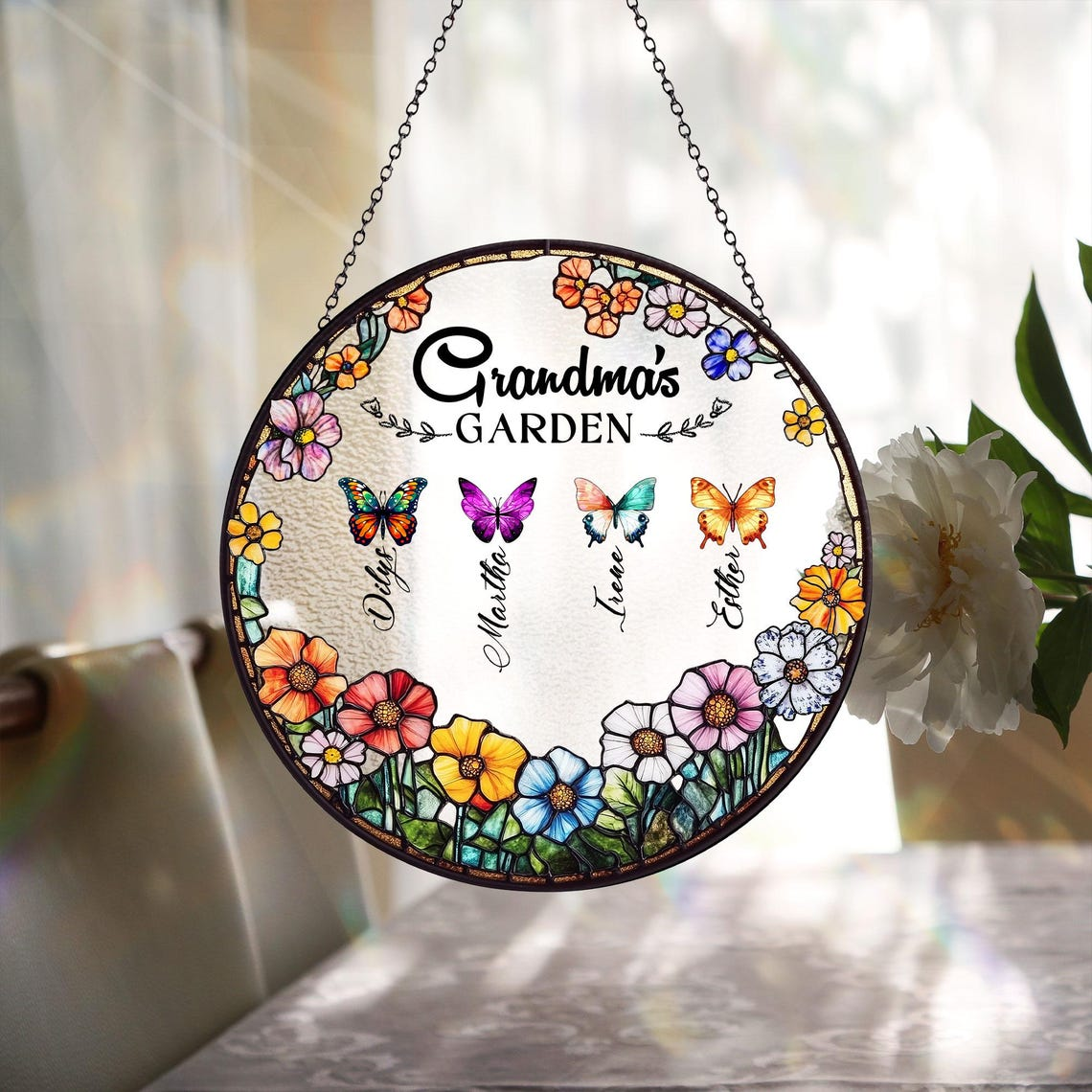 Grandma's Garden Butterfly Suncatcher, Custom Birth Month Butterfly Glass Art, Mother's Day Gift, Nana Birthday Gift, Nana’s Blessings