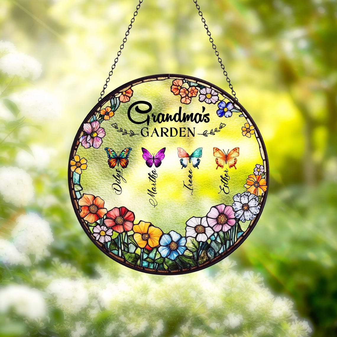 Grandma's Garden Butterfly Suncatcher, Custom Birth Month Butterfly Glass Art, Mother's Day Gift, Nana Birthday Gift, Nana’s Blessings