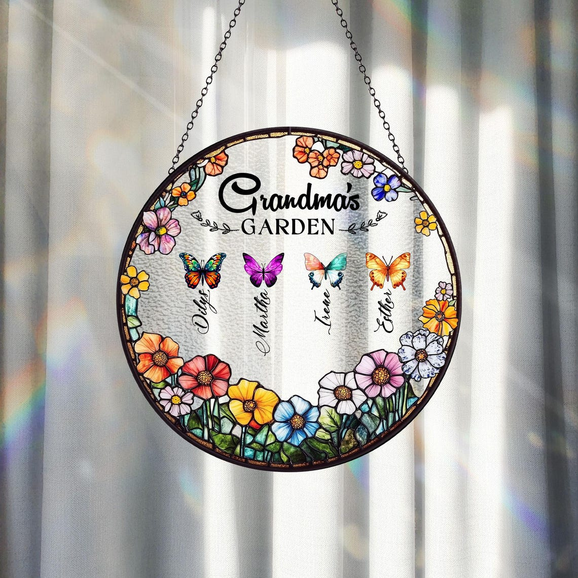 Grandma's Garden Butterfly Suncatcher, Custom Birth Month Butterfly Glass Art, Mother's Day Gift, Nana Birthday Gift, Nana’s Blessings