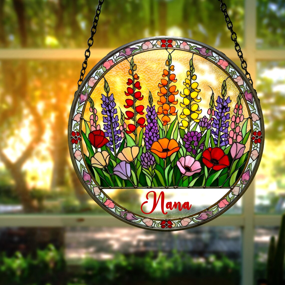 Personalized Nana Flower Suncatcher, Custom Stained Glass Window Hanging Art, Nana Garden Decor, Mother’s Day Gift