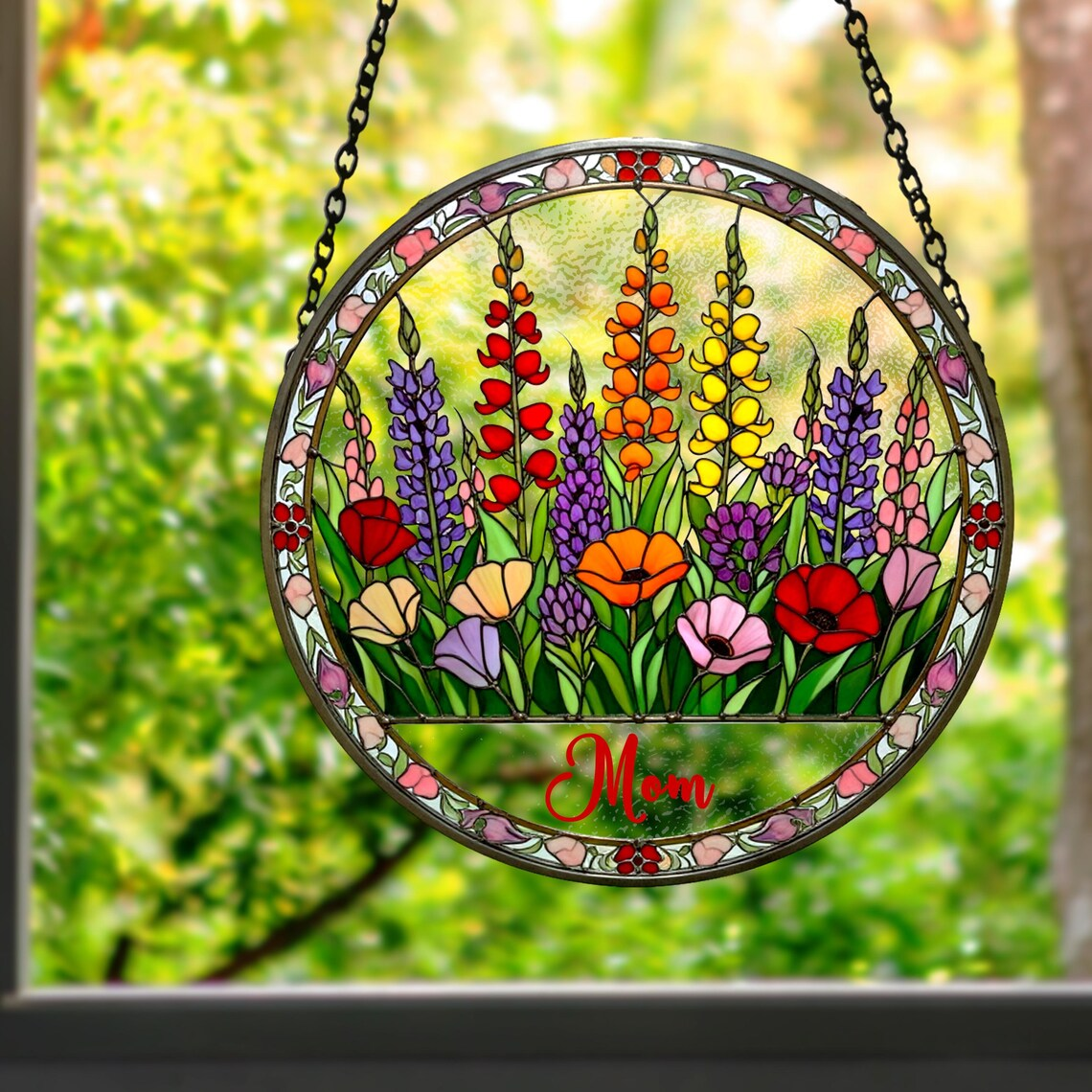 Personalized Nana Flower Suncatcher, Custom Stained Glass Window Hanging Art, Nana Garden Decor, Mother’s Day Gift
