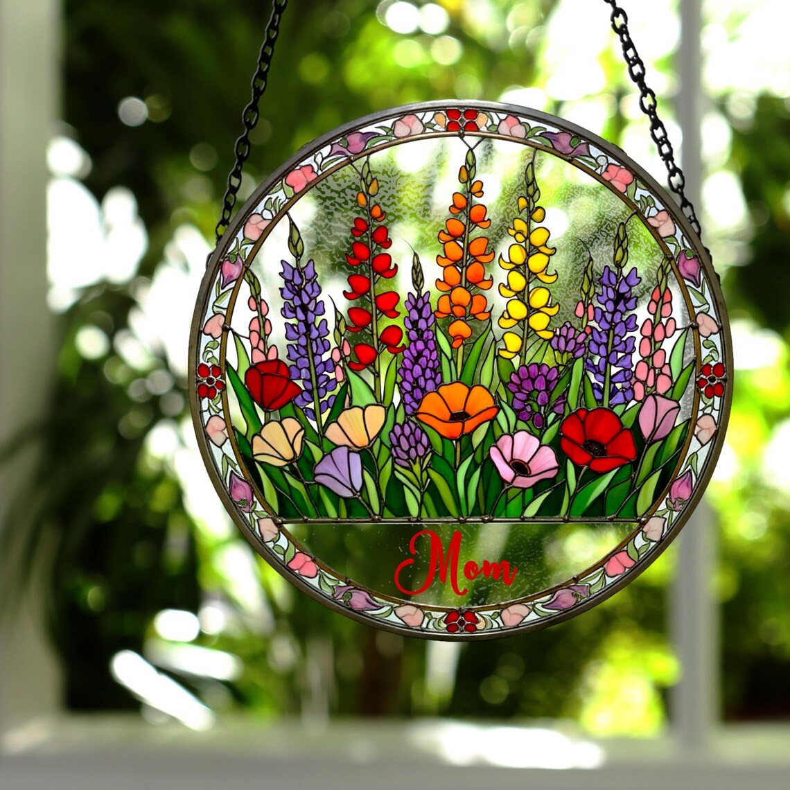 Personalized Nana Flower Suncatcher, Custom Stained Glass Window Hanging Art, Nana Garden Decor, Mother’s Day Gift