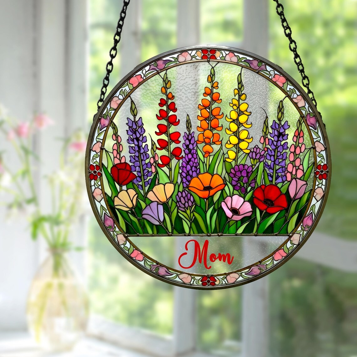 Personalized Nana Flower Suncatcher, Custom Stained Glass Window Hanging Art, Nana Garden Decor, Mother’s Day Gift