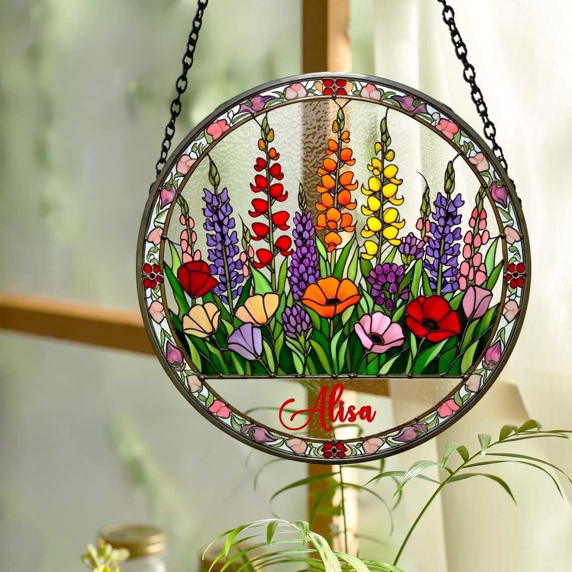 Personalized Nana Flower Suncatcher, Custom Stained Glass Window Hanging Art, Nana Garden Decor, Mother’s Day Gift