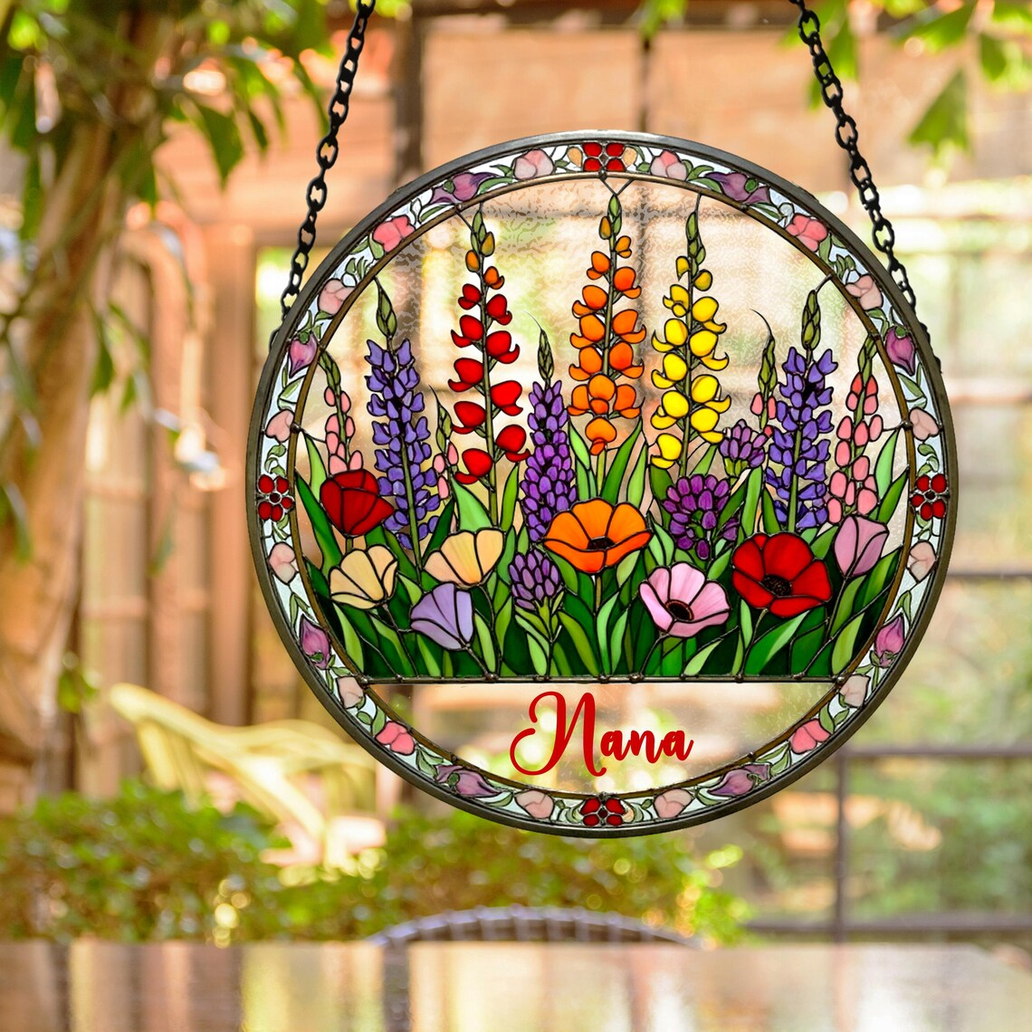 Personalized Nana Flower Suncatcher, Custom Stained Glass Window Hanging Art, Nana Garden Decor, Mother’s Day Gift