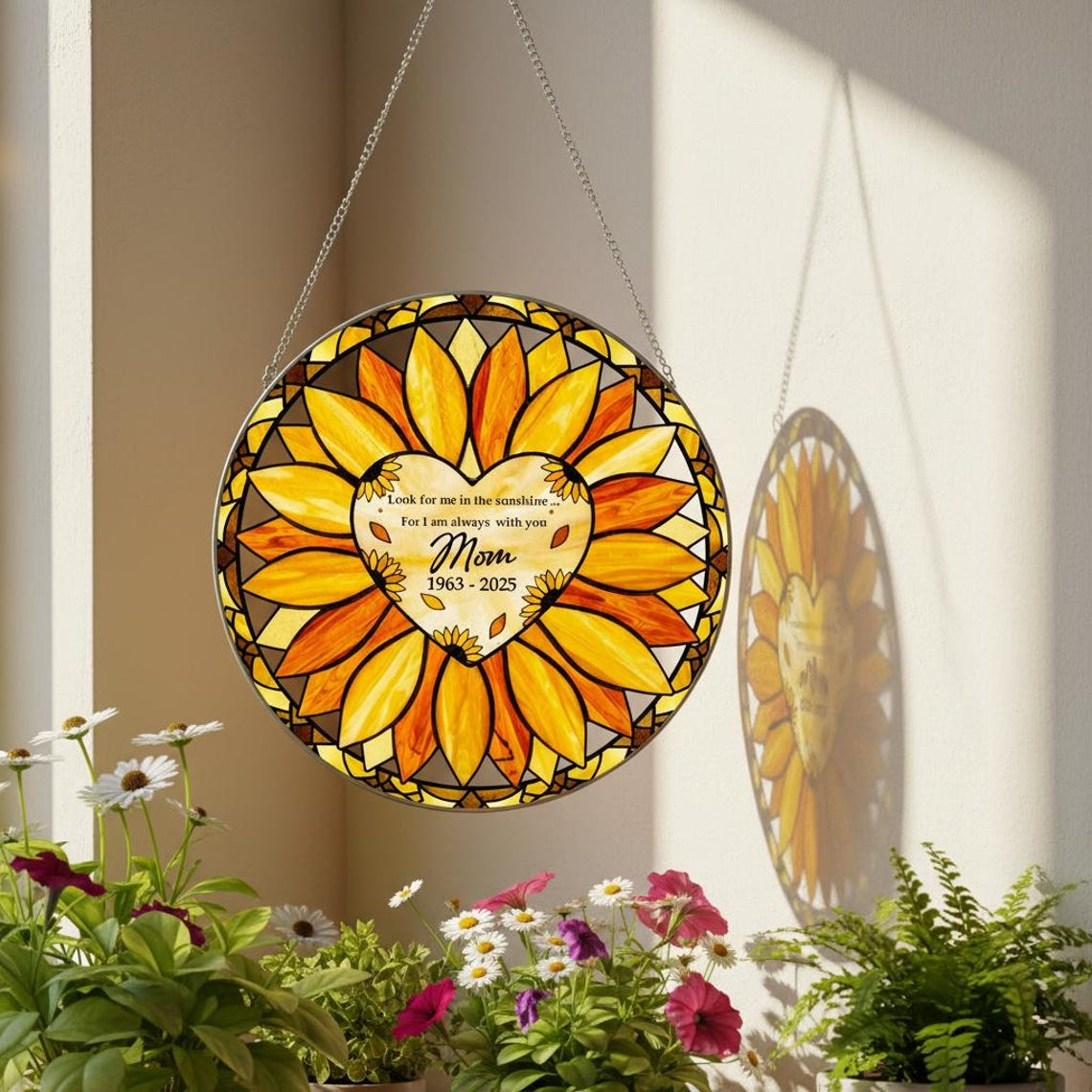 Personalized Sunflower Glass Suncatcher, Custom Mom Memorial Window Hanging with Heart