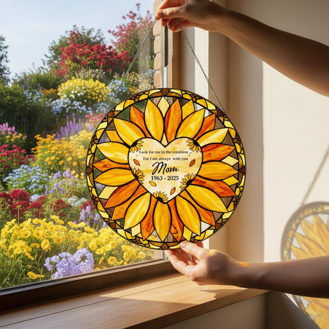 Personalized Sunflower Glass Suncatcher, Custom Mom Memorial Window Hanging with Heart
