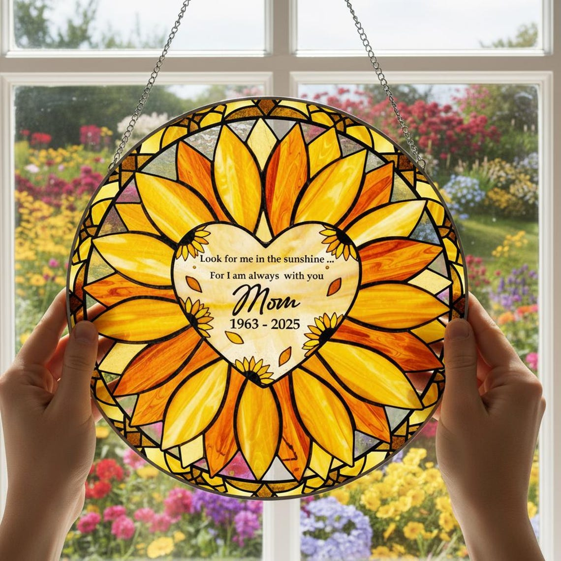 Personalized Sunflower Glass Suncatcher, Custom Mom Memorial Window Hanging with Heart