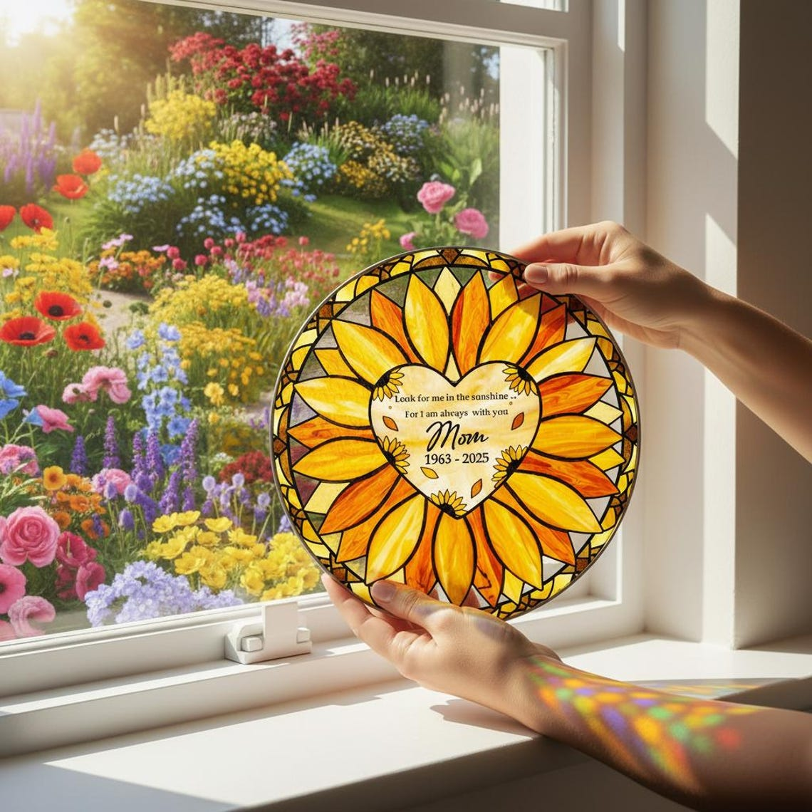 Personalized Sunflower Glass Suncatcher, Custom Mom Memorial Window Hanging with Heart