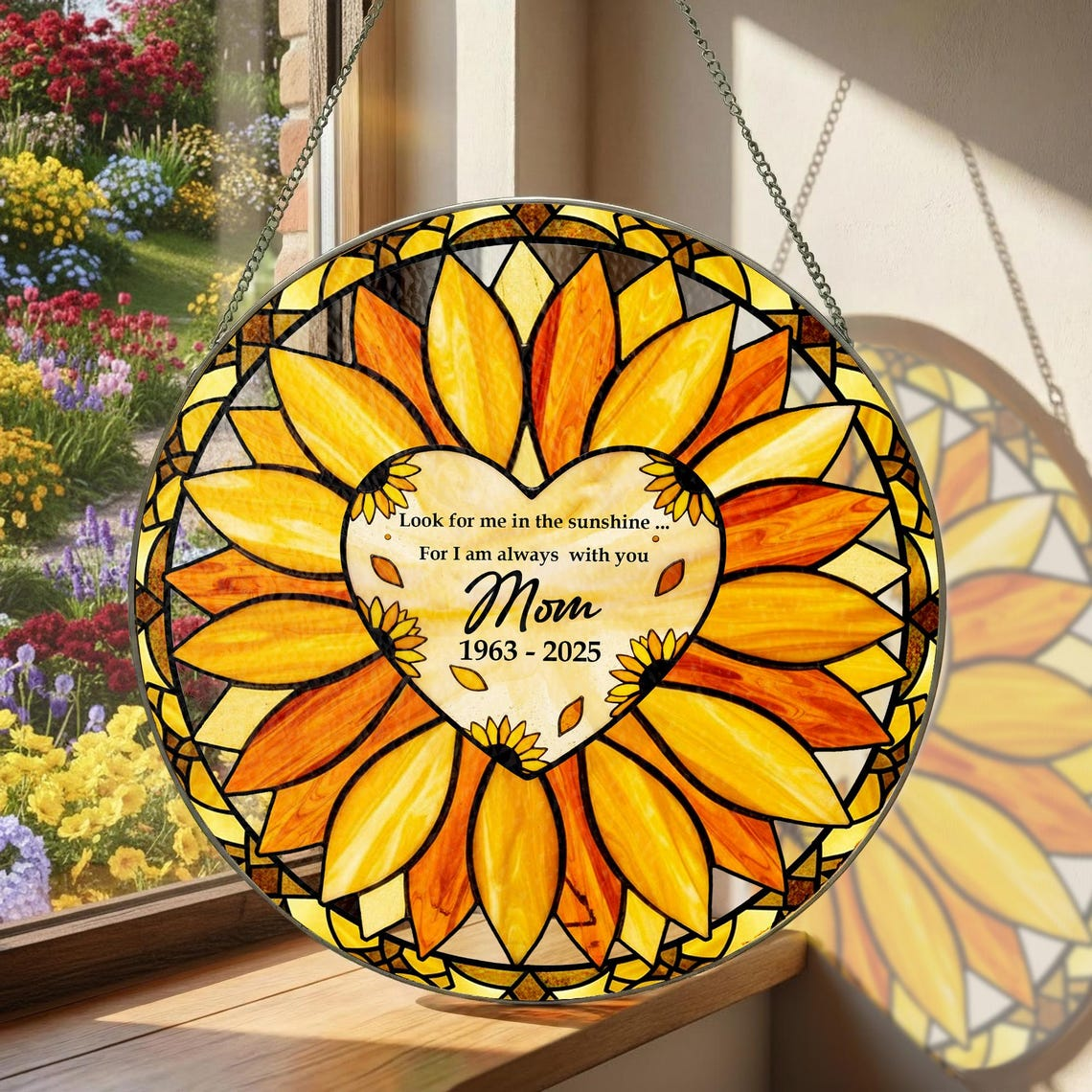 Personalized Sunflower Glass Suncatcher, Custom Mom Memorial Window Hanging with Heart