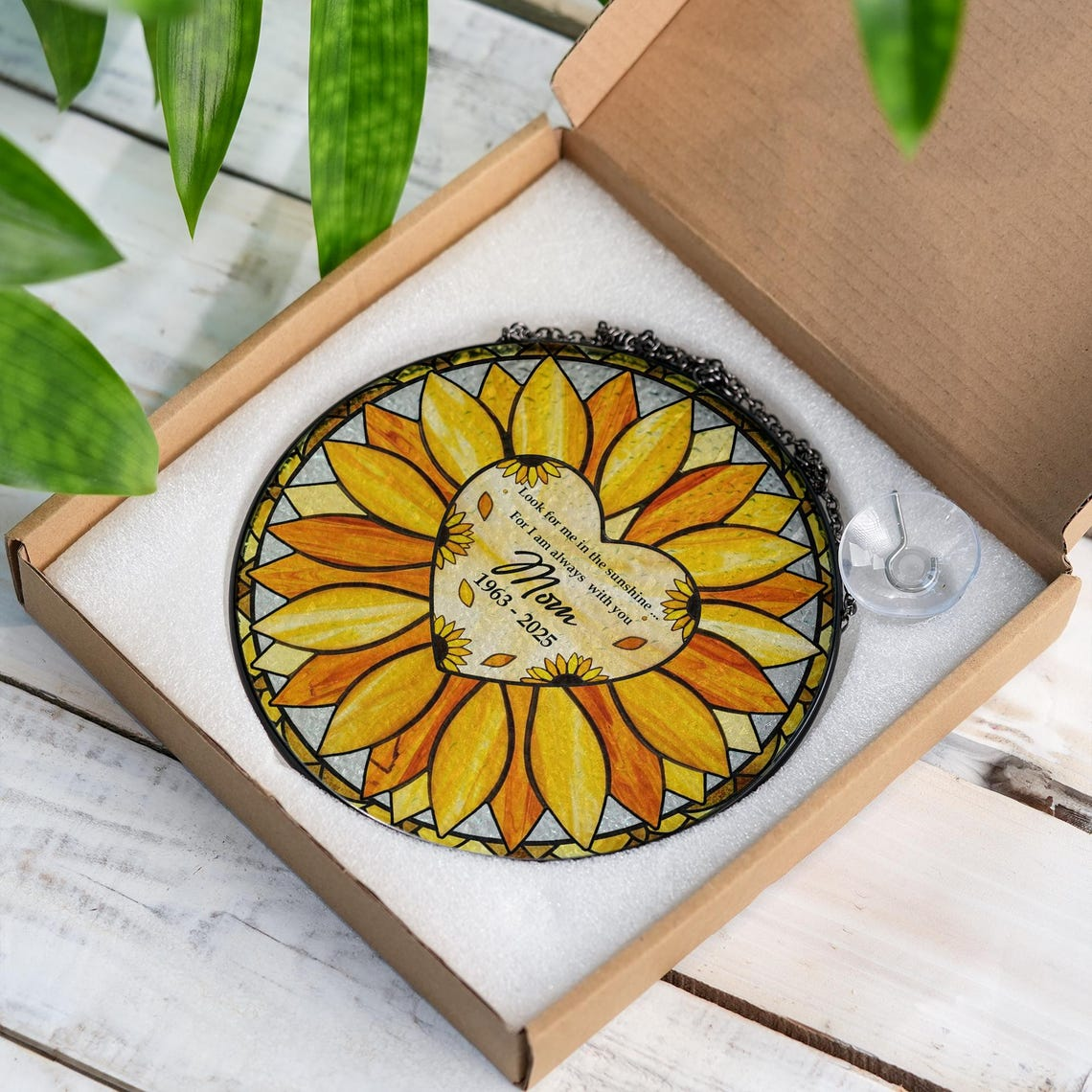 Personalized Sunflower Glass Suncatcher, Custom Mom Memorial Window Hanging with Heart