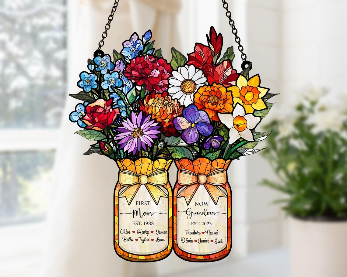 Personalized First Mom Now Grandma Suncatcher, Mothers Day Gift for Grandma, Mom Gift, Birth Month Flower Acrylic Stained Glass Window Decor