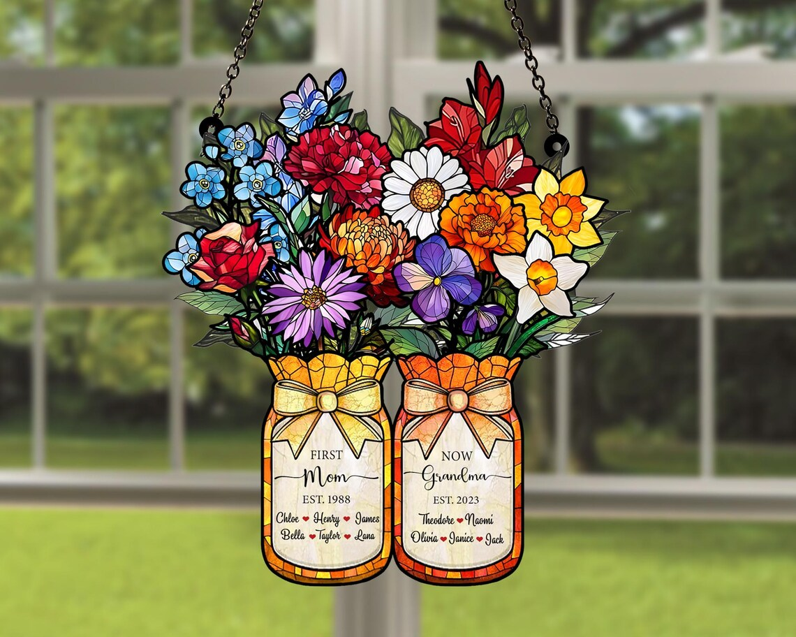 Personalized First Mom Now Grandma Suncatcher, Mothers Day Gift for Grandma, Mom Gift, Birth Month Flower Acrylic Stained Glass Window Decor