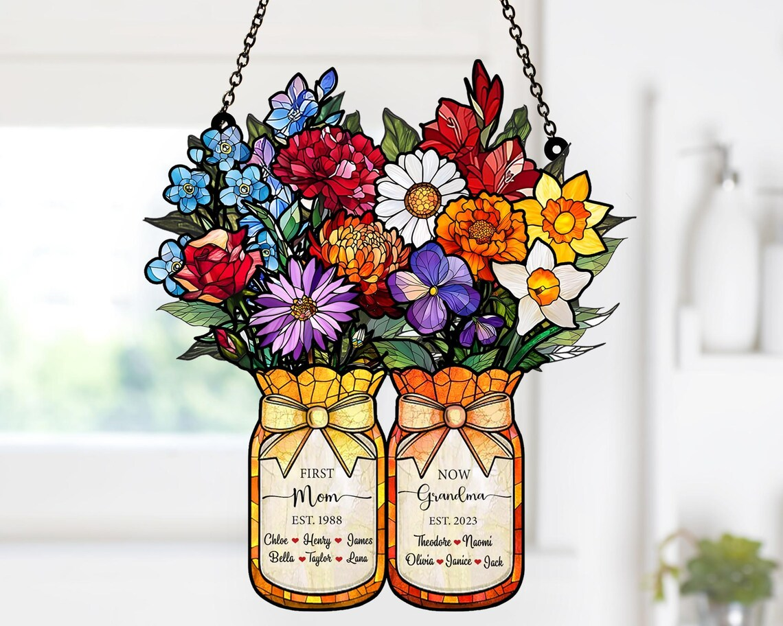Personalized First Mom Now Grandma Suncatcher, Mothers Day Gift for Grandma, Mom Gift, Birth Month Flower Acrylic Stained Glass Window Decor