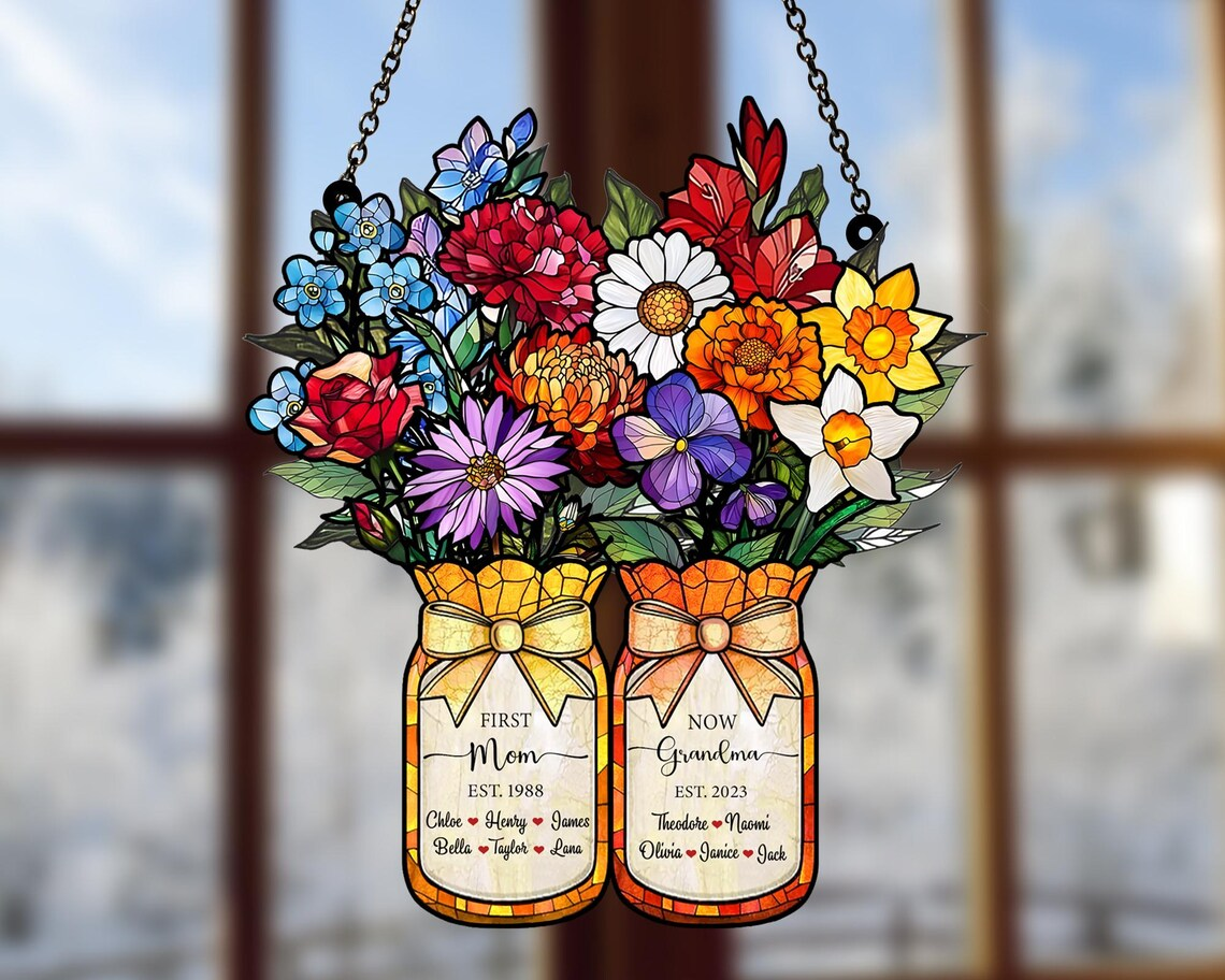 Personalized First Mom Now Grandma Suncatcher, Mothers Day Gift for Grandma, Mom Gift, Birth Month Flower Acrylic Stained Glass Window Decor