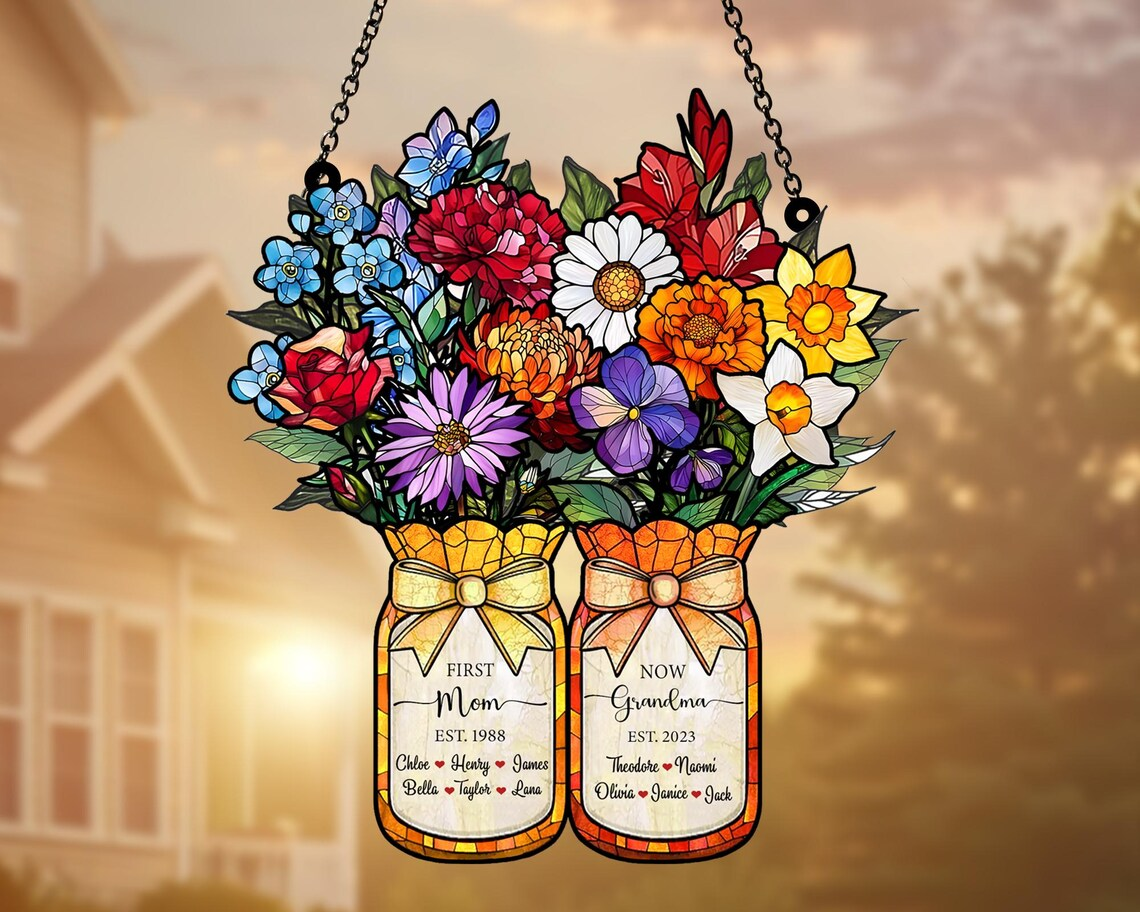Personalized First Mom Now Grandma Suncatcher, Mothers Day Gift for Grandma, Mom Gift, Birth Month Flower Acrylic Stained Glass Window Decor