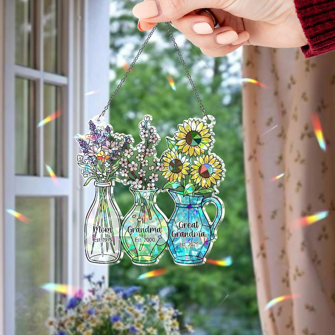 Personalized Mom Grandma Great-Grandma Flower Suncatcher, Floral Jar Hologram Ornament, Grandma's Gifty, Mother's Day Gift