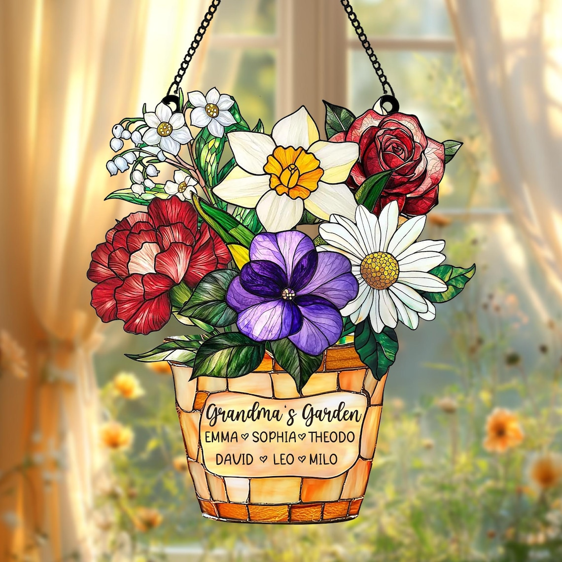 Custom Family Acrylic Suncatcher – Personalized Birth Flower Faux Stained Glass, Gift for Mom, Grandma, Mother’s Day, Family Name Decor
