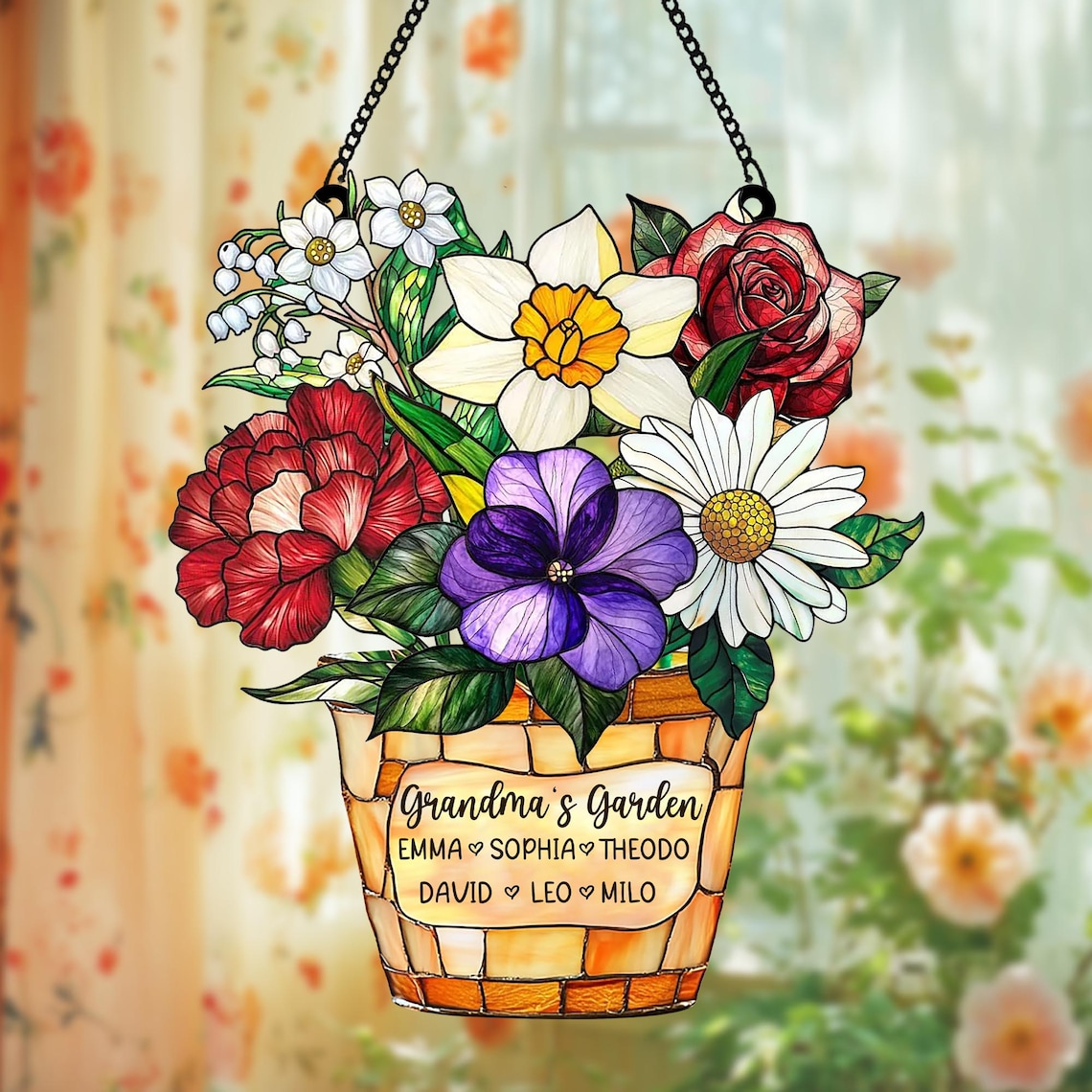 Custom Family Acrylic Suncatcher – Personalized Birth Flower Faux Stained Glass, Gift for Mom, Grandma, Mother’s Day, Family Name Decor