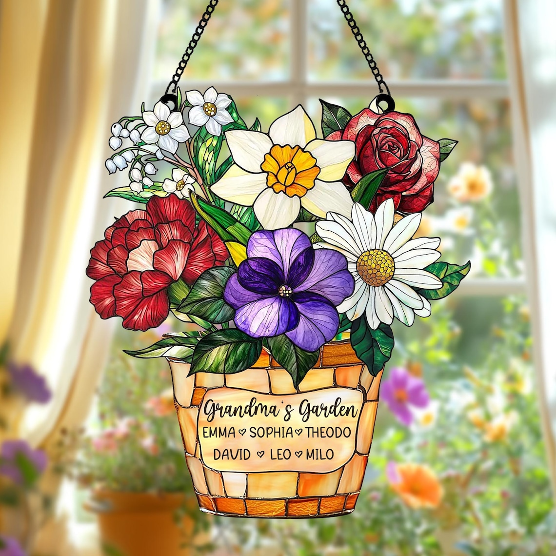 Custom Family Acrylic Suncatcher – Personalized Birth Flower Faux Stained Glass, Gift for Mom, Grandma, Mother’s Day, Family Name Decor