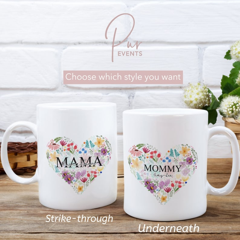Mama or Mommy Floral Hearts Mug – 11oz Coffee Cup | Mother’s Day, Valentine’s & Birthday Gift for Mom