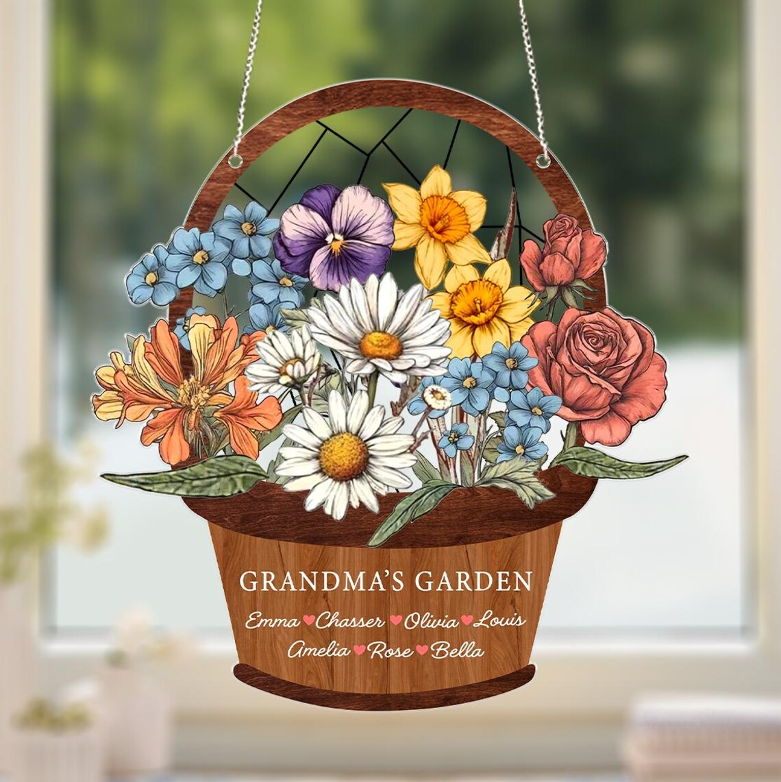 Custom Family Acrylic Suncatcher, Grandma's Garden Suncatcher, Personalized Birth Flower Faux Stained Glass, Mother's Day Gift for Grandma
