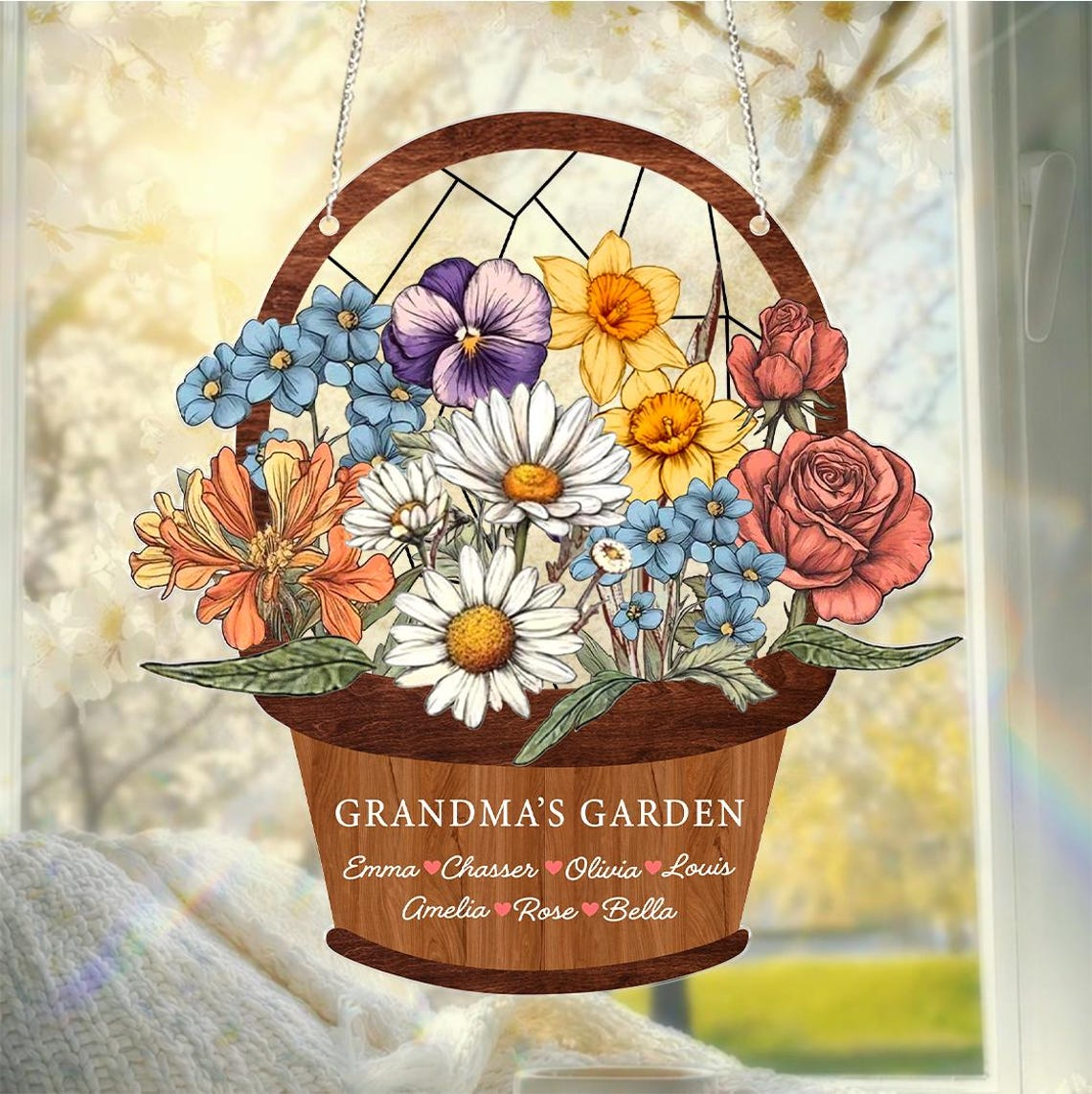Custom Family Acrylic Suncatcher, Grandma's Garden Suncatcher, Personalized Birth Flower Faux Stained Glass, Mother's Day Gift for Grandma