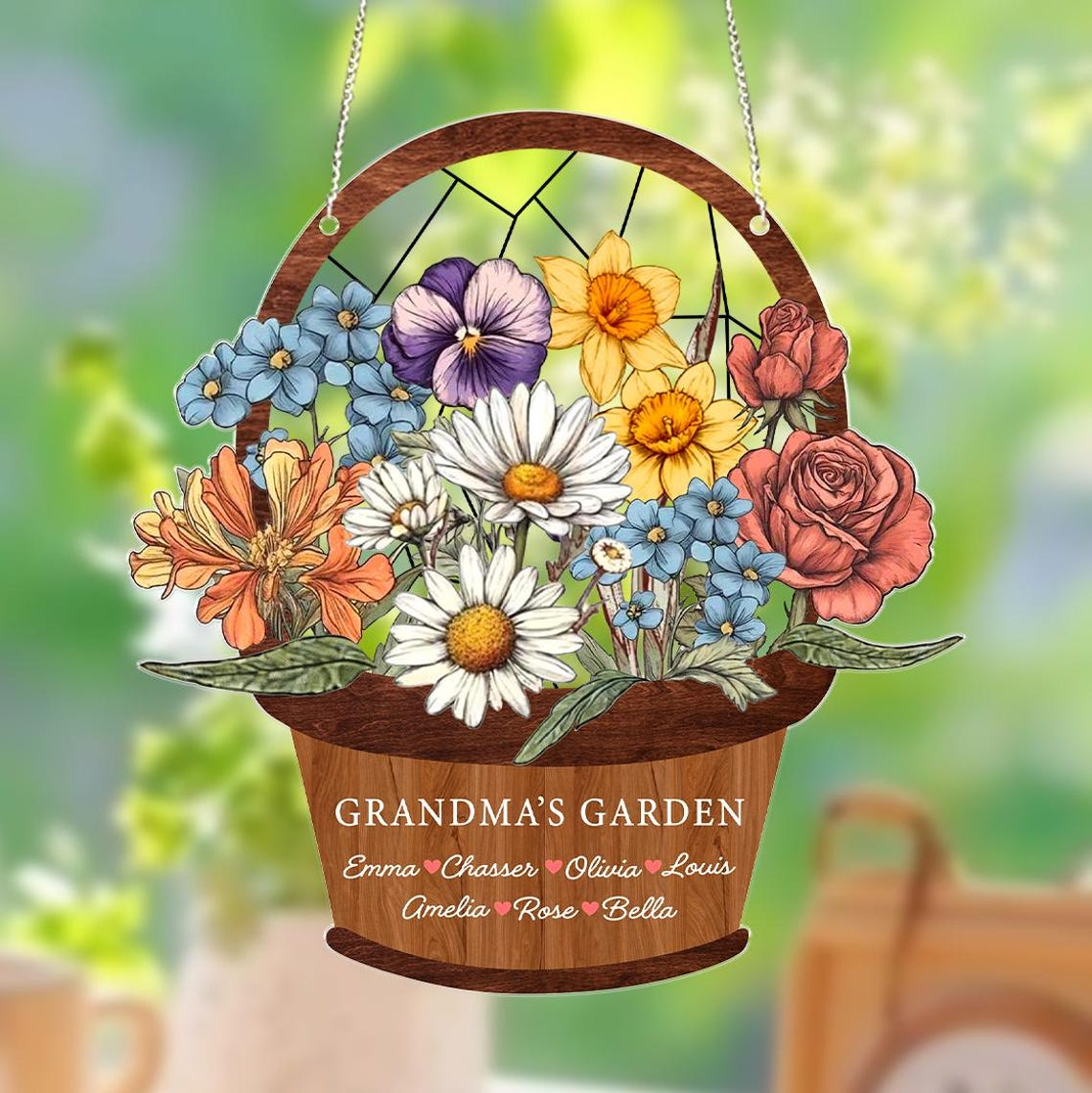 Custom Family Acrylic Suncatcher, Grandma's Garden Suncatcher, Personalized Birth Flower Faux Stained Glass, Mother's Day Gift for Grandma