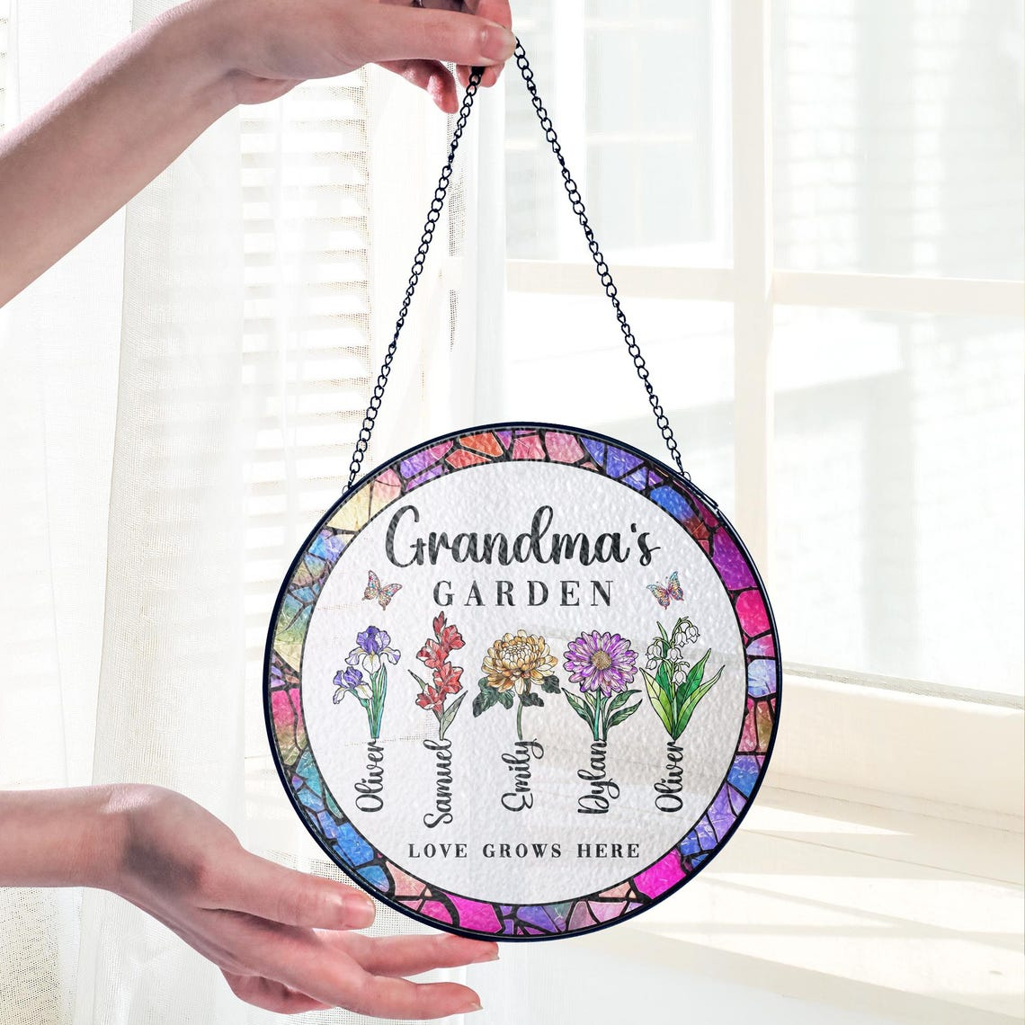 Personalized Grandma's Garden Stained Glass Suncatcher Gift For Grandma, Grandma Gift, Nana Birth Month Flower, Mothers Day Gift For Grandma
