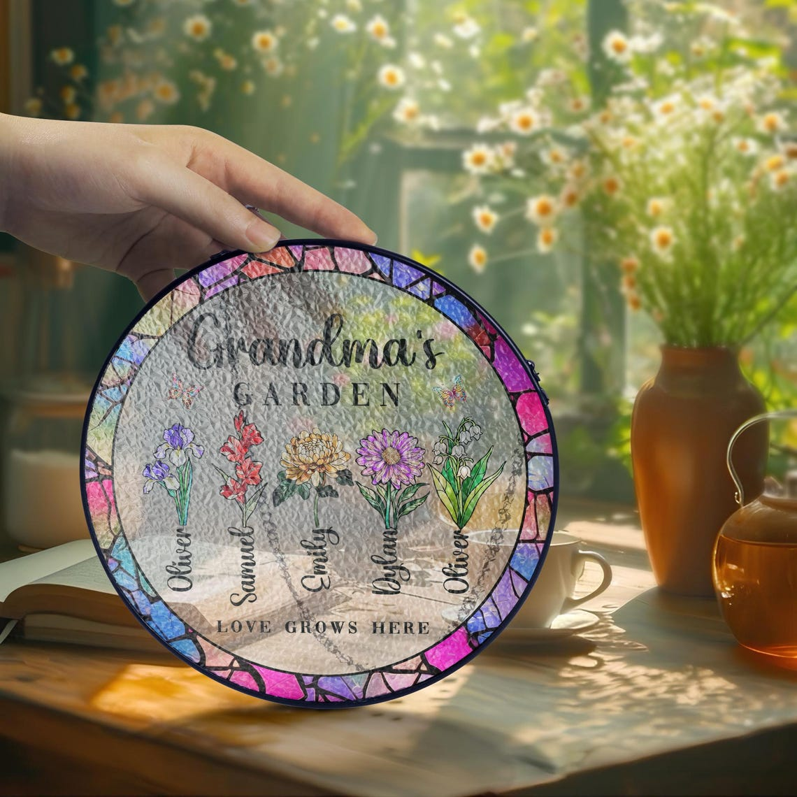 Personalized Grandma's Garden Stained Glass Suncatcher Gift For Grandma, Grandma Gift, Nana Birth Month Flower, Mothers Day Gift For Grandma