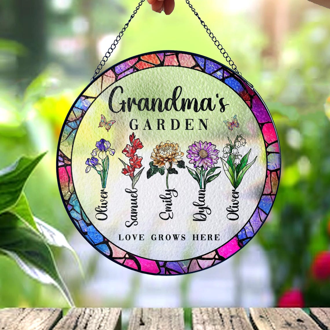 Personalized Grandma's Garden Stained Glass Suncatcher Gift For Grandma, Grandma Gift, Nana Birth Month Flower, Mothers Day Gift For Grandma