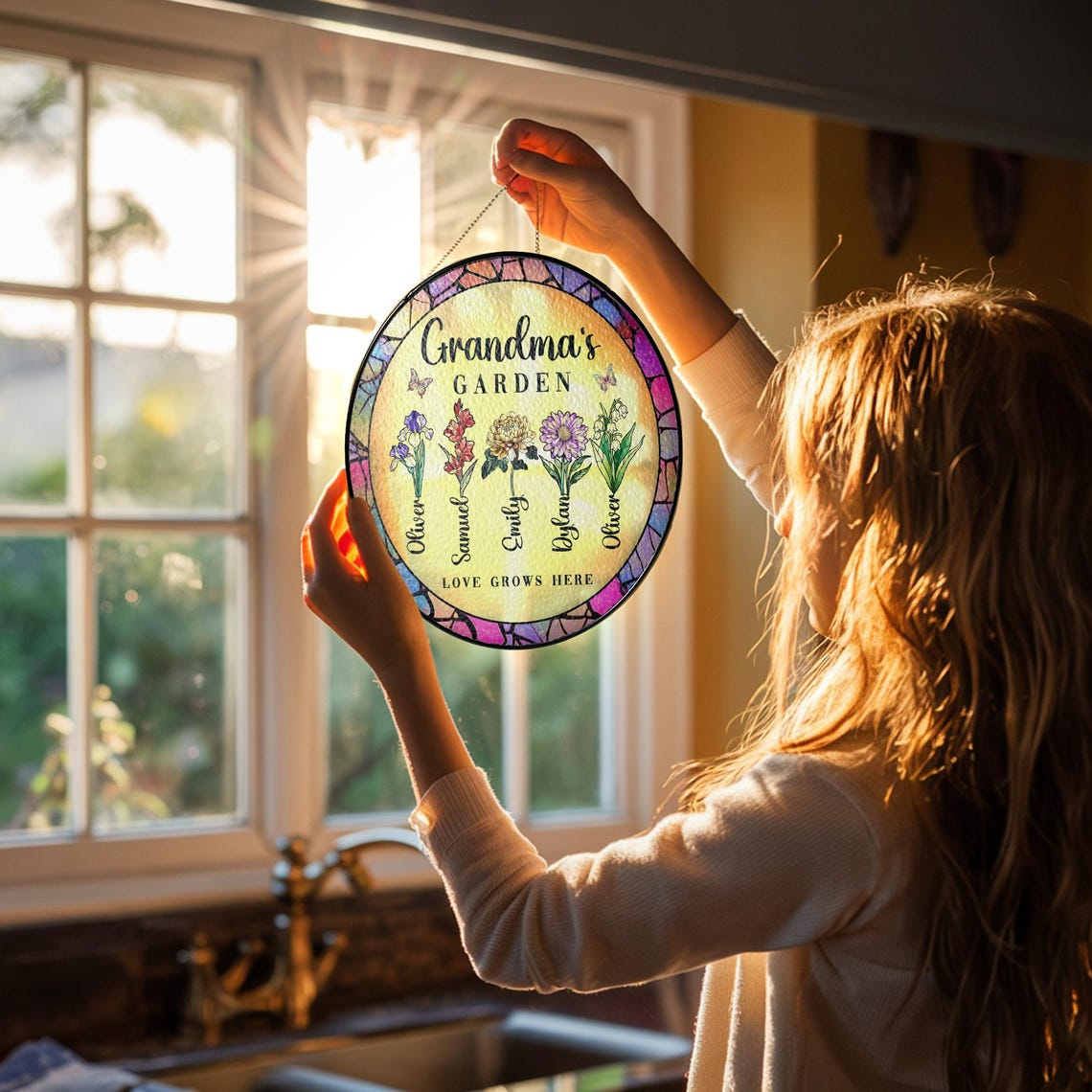 Personalized Grandma's Garden Stained Glass Suncatcher Gift For Grandma, Grandma Gift, Nana Birth Month Flower, Mothers Day Gift For Grandma