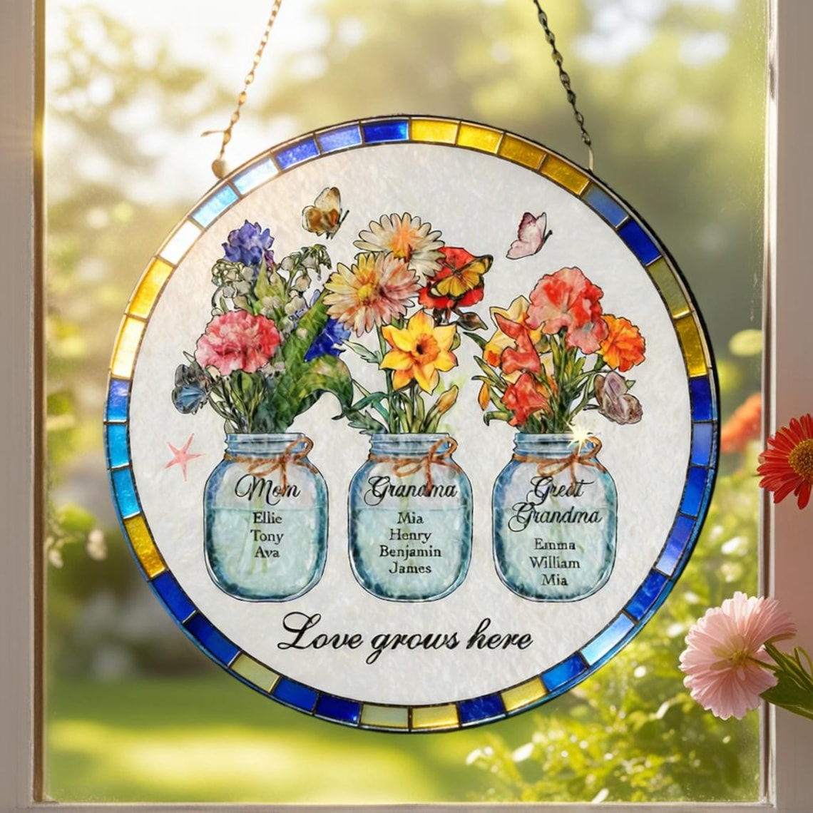 Custom Great Grandma's Garden Suncatcher, Birth Flower Stained Glass Window Decor, Mother's Day Gift, Gift from Grandkids, Grammy Present
