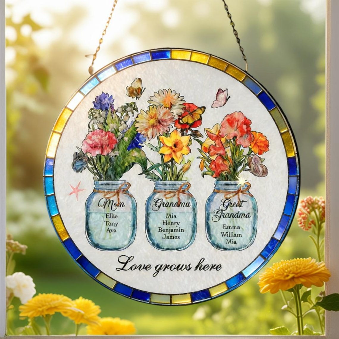 Custom Great Grandma's Garden Suncatcher, Birth Flower Stained Glass Window Decor, Mother's Day Gift, Gift from Grandkids, Grammy Present
